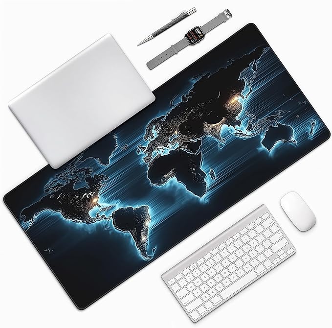 Large World Map Mouse Pad, Blue Glow in The Dark Design, Rubber Base, 35.4 x 15.7 Inches, Rectangular Desk Mat for Gaming and Office