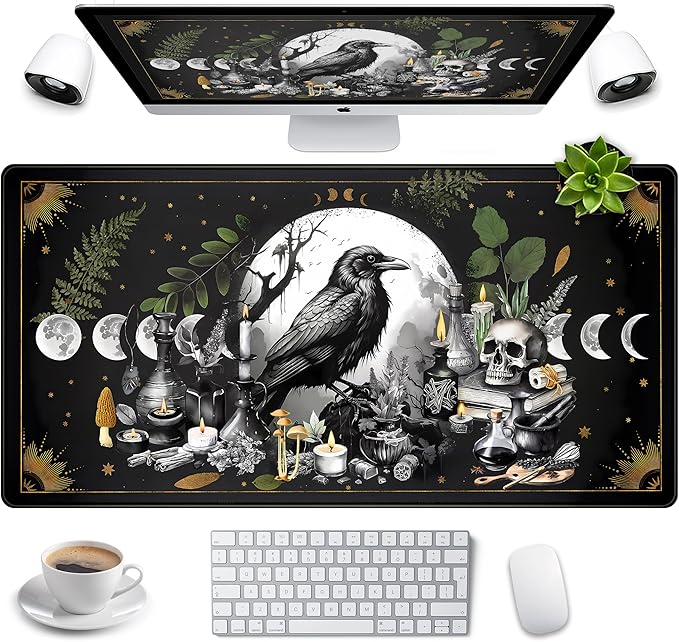 Cute Kawaii Raven Desk Mat XXL Large Extended Gaming Mouse Pad Nature Forest Gothic Mousepad with Stitched Edges, Anime Skull Laptop Keyboard and Mouse Mat Desk Pad for Work Game 31.5x15.7 in