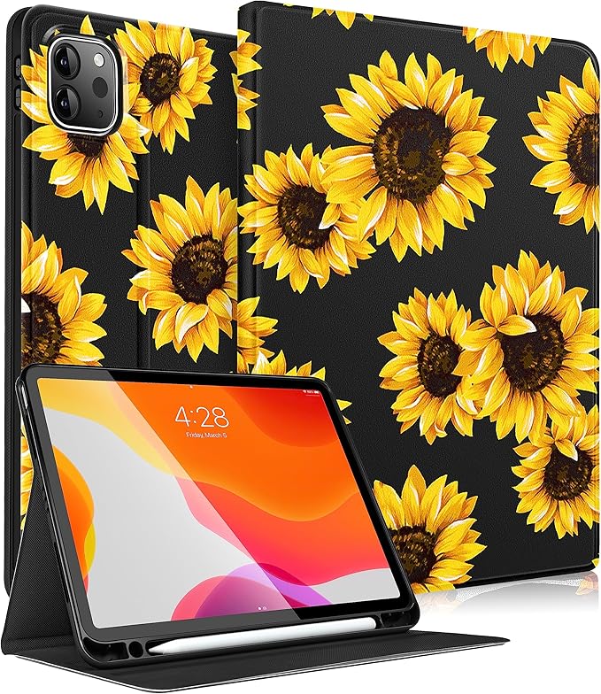 Uppuppy for iPad Air 13 Inch M2/M3, Pro 12.9 Case - Cute Women Girl Girly Aesthetic Sunflower Pencil Holder Folio Cover for Apple 12.9 inch for iPad Pro Case 6th/5th/4th/3rd Generation Air 13