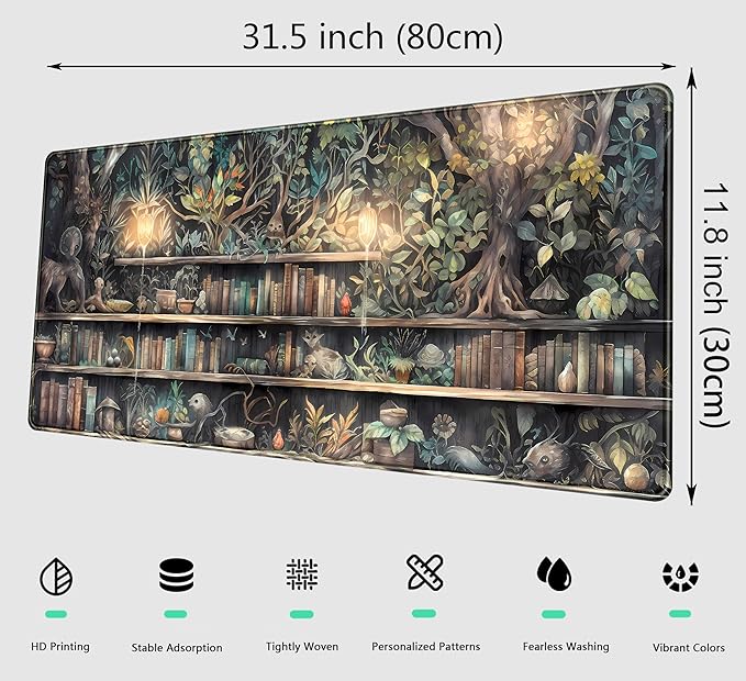 Kawaii Green Tree Desk Mat Cute Mouse Pad Anime Forest Library Book Mousepad XL Large Extended Gaming Desk Matt for Desktop, Keyboard and Mouse Mat for Women Office Decor Accessories 31.5x11.8 in