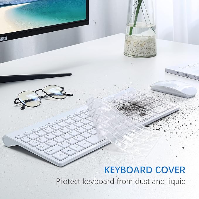 TopMate Wireless Keyboard and Mouse Ultra Slim Combo, 2.4G Silent Compact USB 2400DPI Mouse and Scissor Switch Keyboard Set with Cover, Batteries Included, for PC/Laptop/Windows/Mac - White
