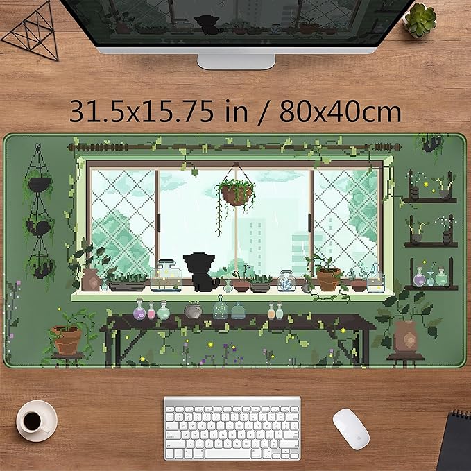 Cute Kawaii Green Plant Desk Mat Anime Aesthetic Mousepad Pixel Art XXL Large Gaming Mouse Pad Laptop Keyboard Mat Desk Pad 31.5x15.75 in, Office Home Decor for Women Girl
