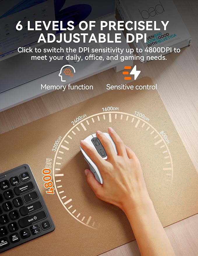 TECKNET Bluetooth Mouse, [ USB + BT1 + BT2 ] Wireless Mouse for Laptop, Silent Click, Ergonomic Design, 4800 DPI Computer Mice Wireless, Dual Mode for Laptop, Computer, iPad, MacBook