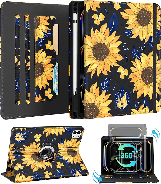 Kidcube for iPad Pro 11 Inch Case M4 2024 5th Generation - Women Girls Cute Rotating Stand Folio Cover with Pencil Holder & Card Slot Kawaii Sunflower Design for iPad Pro 11'' Case 2024 M4 5th Gen