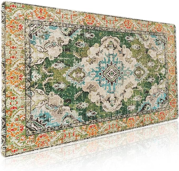 Vintage Rug Mouse Pad XXL Green Orange Retro Carpet Aesthetic Extended Table Mat 90X40 cm Non-Slip Rubber Base Stitched Edge Large Mousepad for Gaming Laptop Computer Desk Top 35.4×15.7 Inch