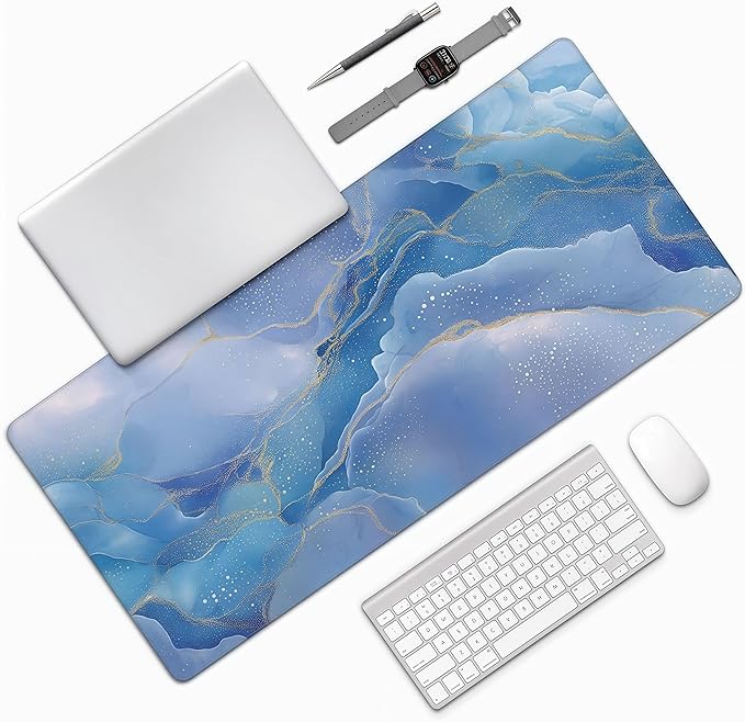 Large Blue Marble Pattern Mouse Pad, Non-Slip Rubber Base, 35.4 x 15.7 Inches, Office and Home Desk Accessory