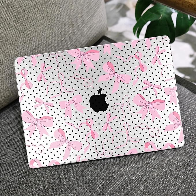 MEEgoodo Case for M5/M4/M3/M2 MacBook Air 15 inch Case 2026 2025 2024 2023, Laptop Shell Fit Model (A3448/A3241/A3114/A2941) for MacBook Air 15.3-inch, Black Polka Dots&Pink Bows