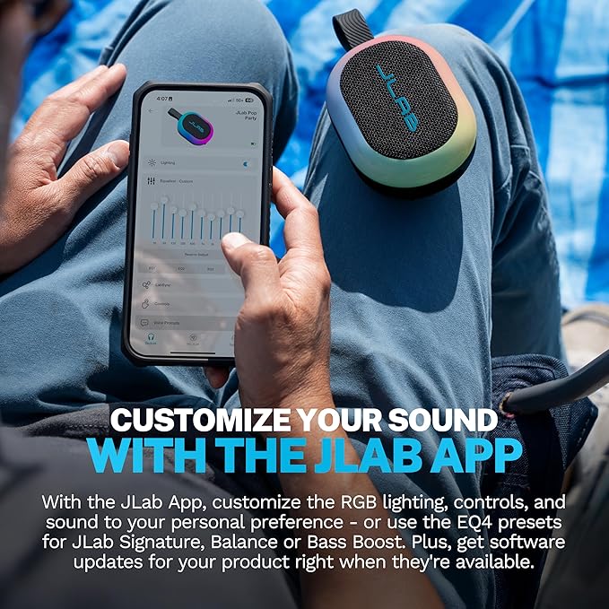 JLab, Pop Party, Portable Bluetooth Speaker, Waterproof IP55, Customizable RGB LED, Black