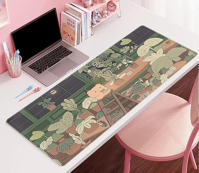 Cute Desk Mat Kawaii Bear Mousepad Cute Anime Plant Desk Protector, Kawai Aesthetic Brown and Green Forest Keyboard Mat, Large Mouse Pad XXL Gaming Desk Pad XL Office Home Decor for Women Girls