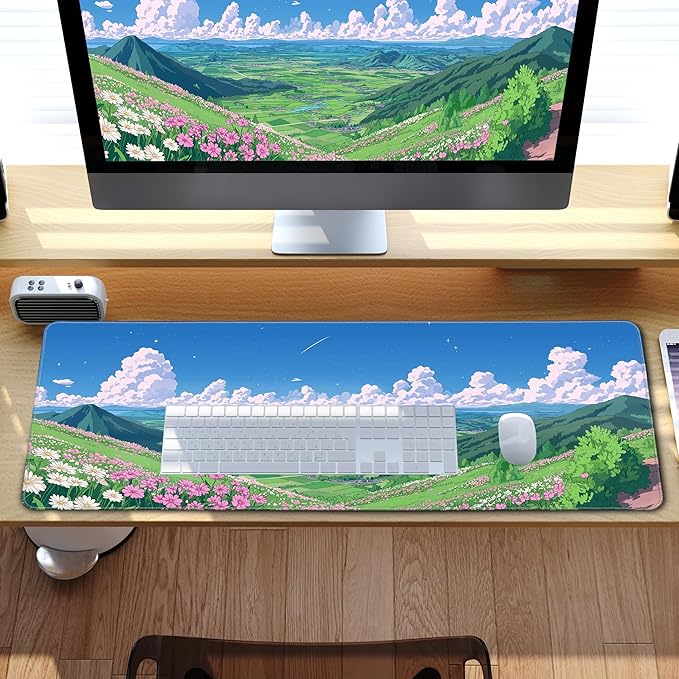 Desk Pad Gaming Mouse Pad Large for Desk Computer Pc Laptop Office Decor,Blue Sky Flowers and Plants Anime Keyboard Pad Stitched Edges Non-Slip Rubber Mat (31.5x11.8 in)