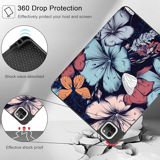 May Chen Case for iPad Pro 11 inch (4th, 3rd, 2nd & 1st Gen) 2022 2021 2020 2018, Trifold Stand + Pencil Holder + Auto Wake/Sleep + Soft TPU Protective Stand Back Cover, Flowers & Butterflies
