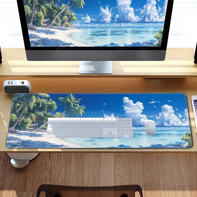 Desk Pad Gaming Mouse Pad Beach Large for Desk Computer Pc Laptop Office Decor, Mouse Keyboard Mat Stitched Edges Non-Slip Rubber 31.5x11.8 in