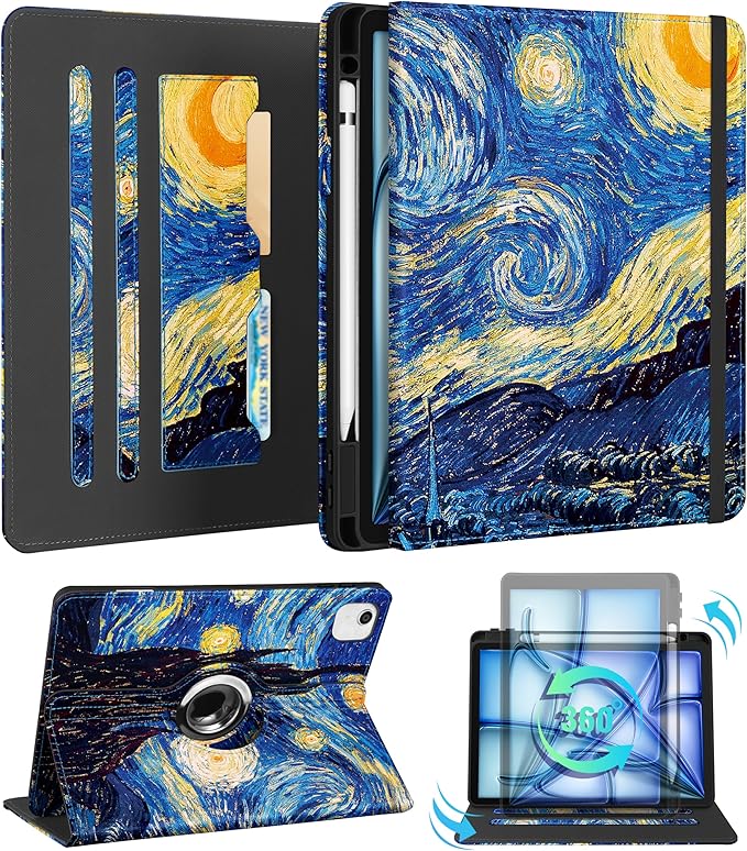 Kidcube for iPad Air 11 Inch Case M3/M2, Air 5th/4th Generation Cases 10.9'', Pro 11'' 2020 - Women Girls Aesthetic Cute Rotating Stand Folio Cover with Pencil Holder & Card Slot Cool Unique Teens