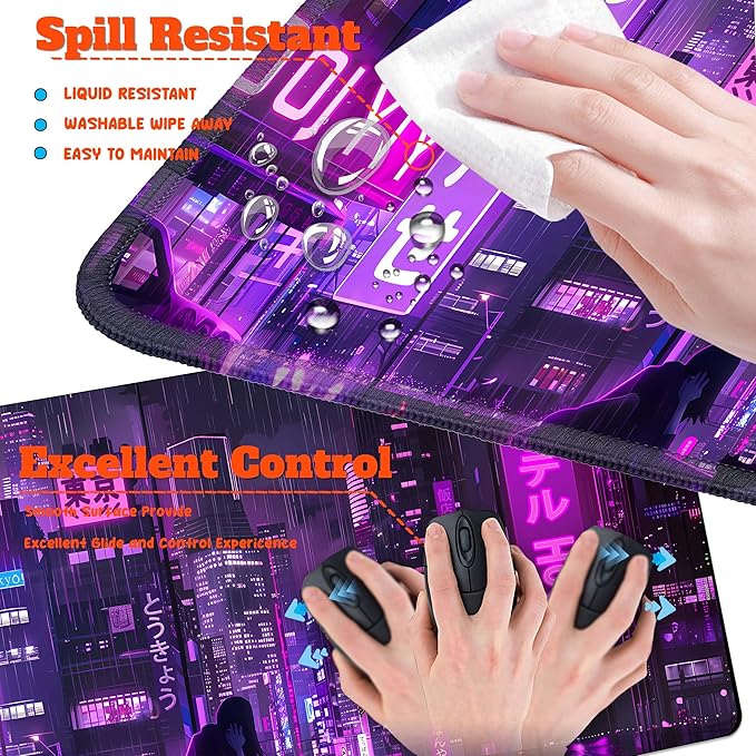 4-Piece Extended Large Mouse Pad Set for Women Men with Purple Anime Design Includes 35.4 x 15.7 XXL Large Mouse Pad Keyboard Wrist Rest Mouse Wrist Support and Coaster for Office Home