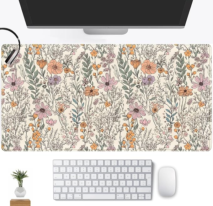 Wild Flowers Gaming Mouse Pad, Floral Cute Keyboard Mouse Mat, Full Desk Protector, Aesthetic Desk Decor 31.5"x15.75"