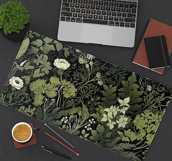 Green Leaves Beige Plants Pad, Large Extend Mouse Pad XXL, Freshness Foliage Keyboard Mat, Black Esthetics Desktop Mat Laptop Wireless Mouse Mat, Gift for Women 31.5"x15.75"