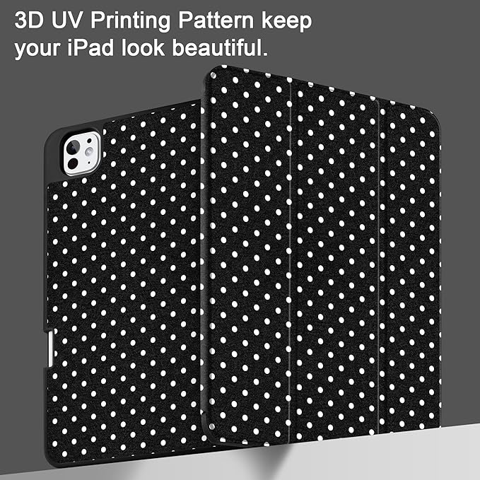 MEEgoodo Case for M5 iPad Pro 11 inch 2025/M4 iPad Pro 11 inch Case 2024, Tablet Cover with Trifold Stand & Pencil Holder & Auto Wake/Sleep & Soft TPU Back Cover, White Polka Dot