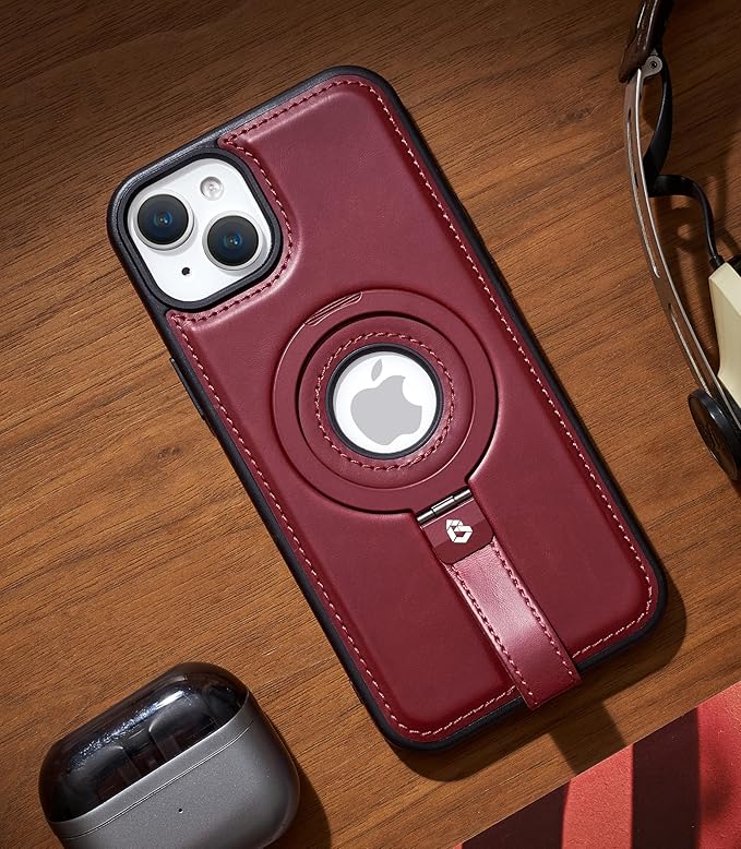 Butaiga for iPhone 14 /iPhone 13 Leather Case with Stand, Anti-Slip Grip Ring, Fits for MagSafe (Burgundy, iPhone 14/13)