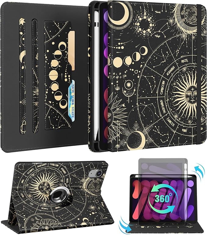 Kidcube for iPad mini 7 Case A17 Pro 2024, for iPad mini 6th Generation Case 8.3 Inch - Women Girls Cute Rotating Stand Folio Cover with Pencil Holder & Card Slot Girly Sun Moon Stars Teens Cover