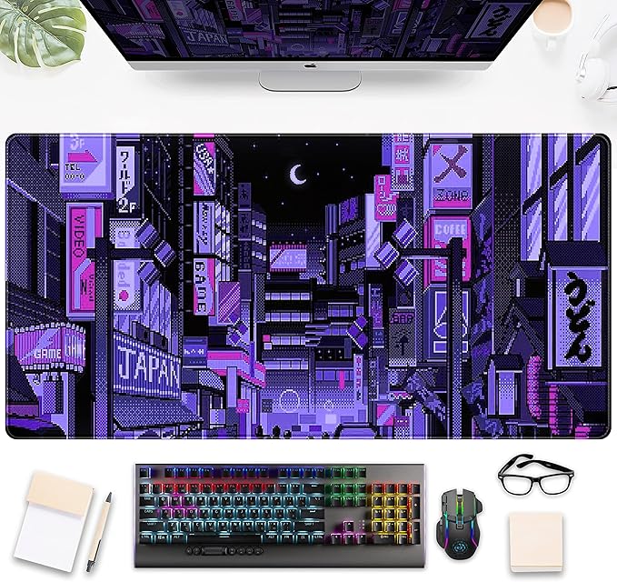 Tokyo Street Desk Pad Purple, Cute Retro Large Gaming Mouse Pad, Japanese Anime Laptop Keyboard Mouse Mat XXL, Aesthetic Neon Pixel Skyline/City Desk Mat, Desk Decor Pads for Women 31.5"x15.75"