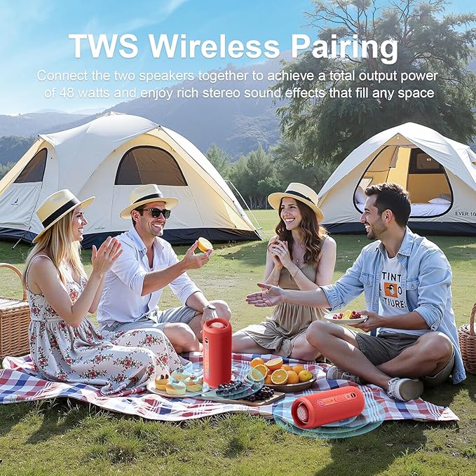 Bluetooth Speaker IPX7 Waterproof Sandproof, 24W Loud Stereo Sound, Bluetooth 5.3, Enhanced Bass, TWS Pairing, 12H Playtime for Home/Outdoor, for Mom (Red)