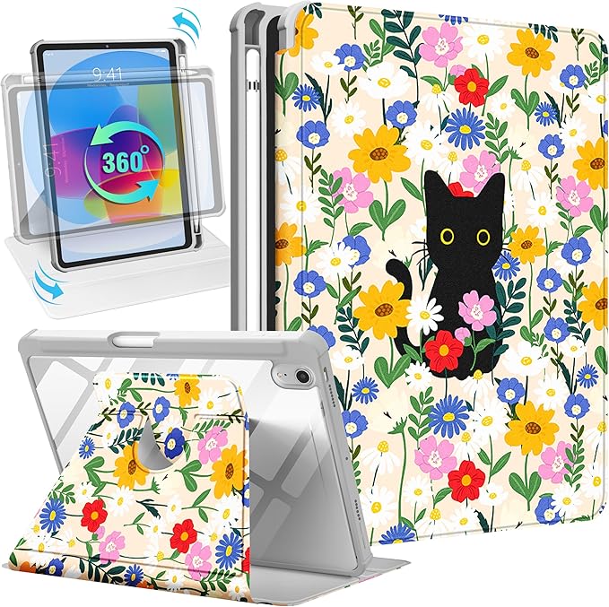 Uppuppy for iPad mini 7 Case (A17 Pro) for iPad mini 6th Generation Case - 360 Rotating Stand Folio Smart Cover with Pencil Holder for Women Girls, Cat & Flowers for Apple Tablet Mini 8.3” 2024/2021