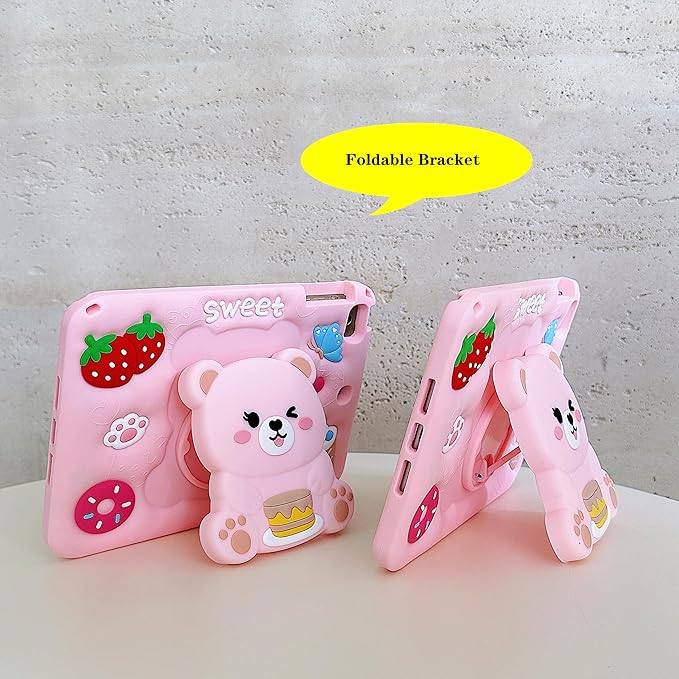 3D Cute Bear Case for iPad mini 1st 2nd 3rd 4th 5th Gen 7.9 inch,Kawaii Cartoon Pretty Sweet Bear Soft Silicone Foldable Stand Case with Lanyard for Kids Teens Girls Women