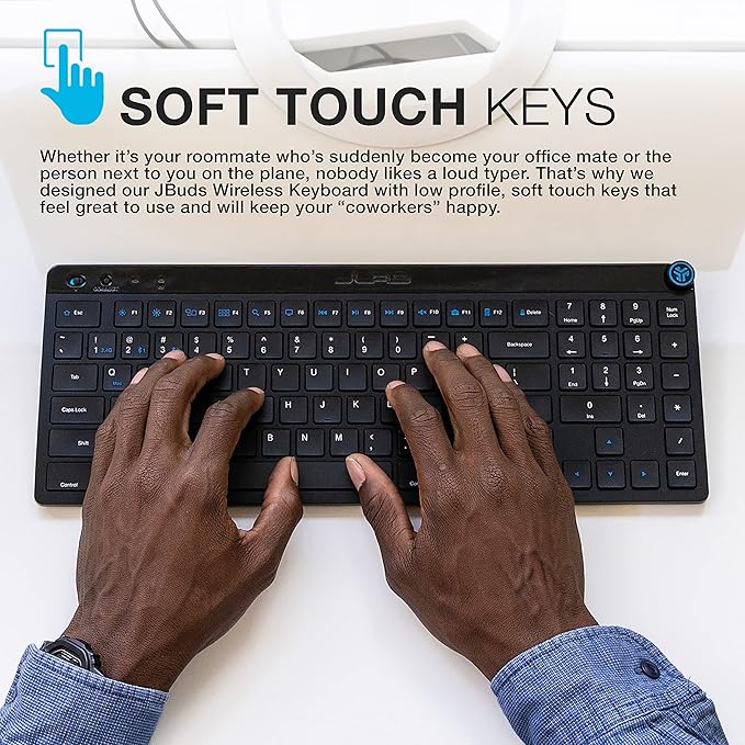 JLab JBuds Wireless Keyboard, Black, 95 Keys, Connect Via Bluetooth or USB Wireless Dongle, Multi-Device Toggle, Soft Touch Keys, Smart Media Knob, Custom User Profiles, Rechargeable (1 Pack)