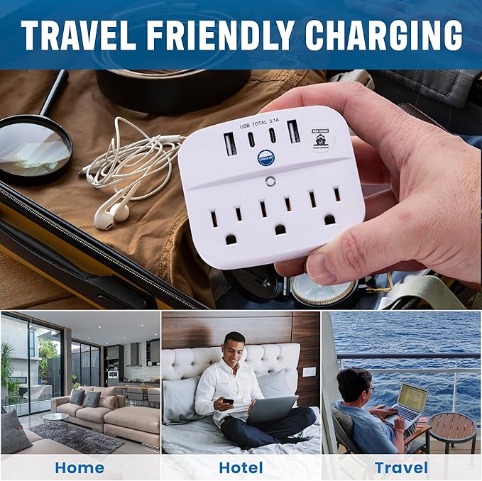 Cruise Approved Power Strip Foldable, Non Surge Protector Travel Power Strip, 2 USB-C, 2 USB, 3 AC Outlet Plugs - Cruise Essentials for Carnival, Celebrity, Princess & Major Lines in 2026 & 2027