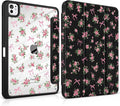 Case for iPad Pro 11 inch (M5) 2025 (M4) 2024 Release Slim Lightweight Cute Leather Black Cover with Clear Back TPU Edge Pencil Holder Trifold Stand, Roses