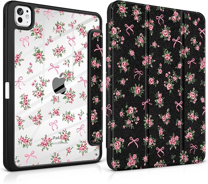 Case for iPad Pro 11 inch (M5) 2025 (M4) 2024 Release Slim Lightweight Cute Leather Black Cover with Clear Back TPU Edge Pencil Holder Trifold Stand, Roses