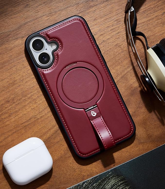 Butaiga for iPhone 17 Leather Case with Stand, Anti-Slip Grip Ring, Fits for MagSafe (Burgundy, iPhone 17)