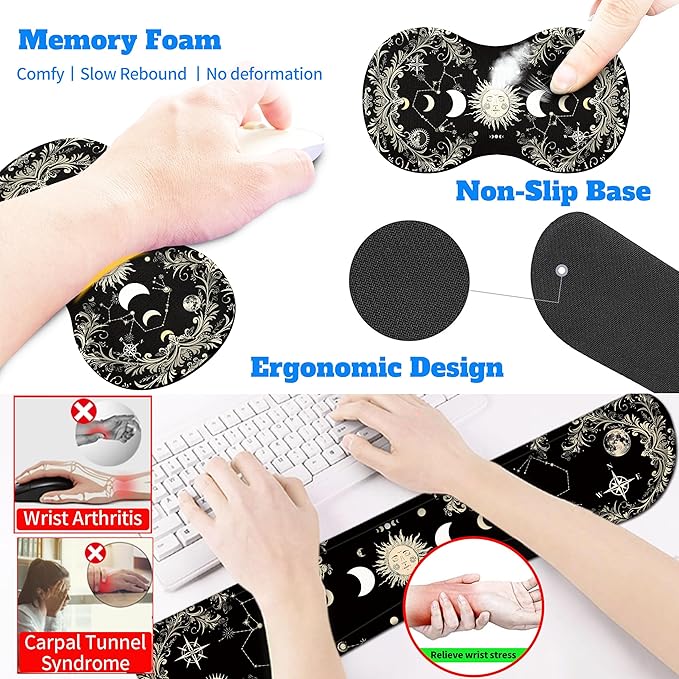 4-Piece Extended Large Mouse Pad Set for Women Men with Moon Face Design Includes 35.4 x 15.7 XXL Large Mouse Pad Keyboard Wrist Rest Mouse Wrist Support and Coaster for Office Home