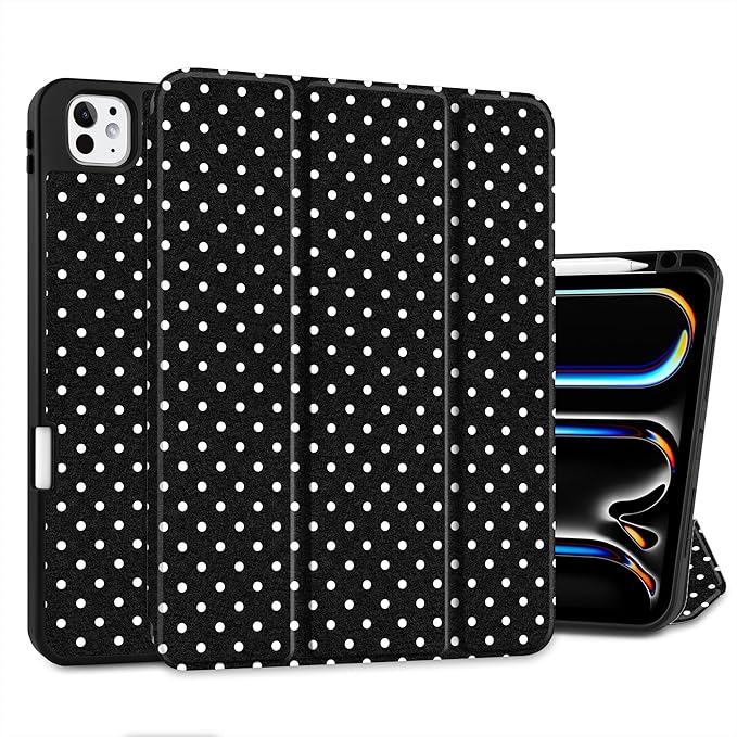 MEEgoodo Case for M5 iPad Pro 11 inch 2025/M4 iPad Pro 11 inch Case 2024, Tablet Cover with Trifold Stand & Pencil Holder & Auto Wake/Sleep & Soft TPU Back Cover, White Polka Dot