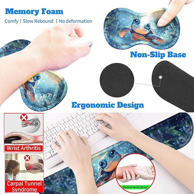 4-Piece Extended Large Mouse Pad Set for Women Men with Turtle Anime Design Includes 35.4 x 15.7 XXL Large Mouse Pad Keyboard Wrist Rest Mouse Wrist Support and Coaster for Office Home