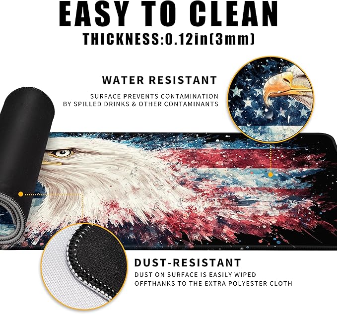 American Flag Eagle Mouse Pad Gaming Desk Pad Independence Day Extra Large XL Mousepad (31.5x11.8 in), Desk Mat Pad Home Office Decor Stitched Edges Smooth Surface Non-Slip Bottom Mat