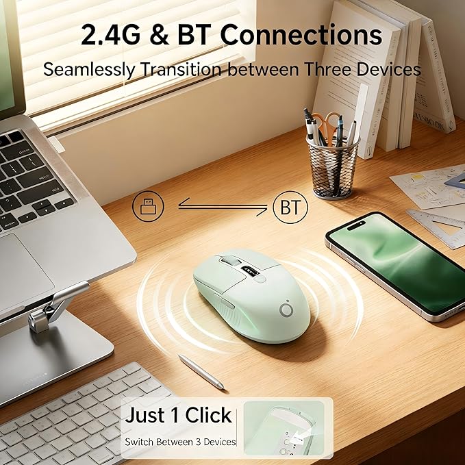 EWEADN Q1 Wireless Bluetooth Mouse, BT & 2.4G Computer Mouse with Battery & DPI LED Screen Display, Type-C Rechargeable with 1600 DPI Levels, 6 Button Silent Ergonomic Mouse for Laptop/PC/Mac-Green