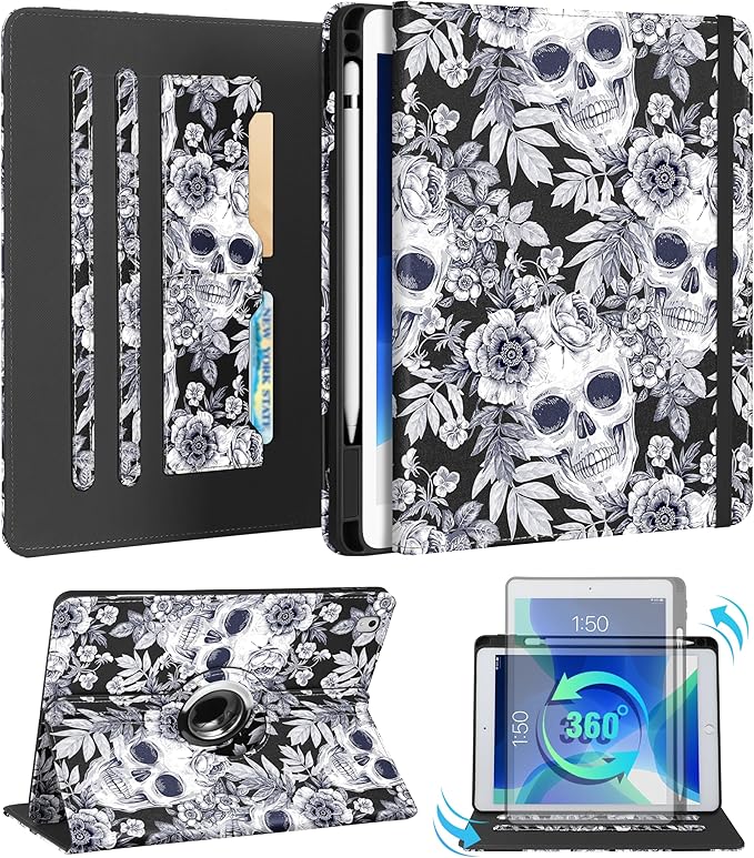 Kidcube for iPad Air 3rd Generation Case/Pro 10.5 Inch Case - Women Girls Cute Rotating Stand Folio Cover with Pencil Holder & Card Slot Flowers Goth Skull Design Cover for iPad Pro 10.5''/Air 3rd