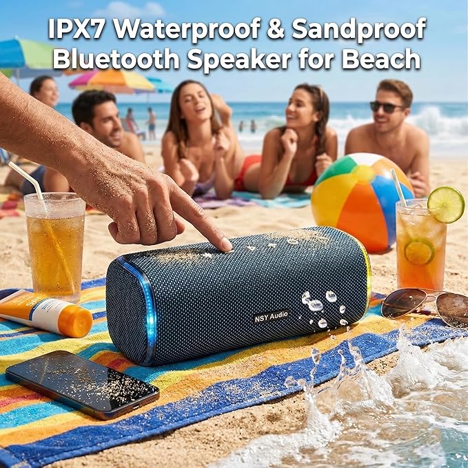 40W Bluetooth Shower Speaker, IPX7 Waterproof Floating Pool Speaker with Interactive Tap-to-Play Drum Beats, 25H Playtime, LED Lights, Built-in Mic for Hands-Free Calls in Bathroom, Blue