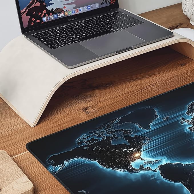 Large World Map Mouse Pad, Blue Glow in The Dark Design, Rubber Base, 35.4 x 15.7 Inches, Rectangular Desk Mat for Gaming and Office