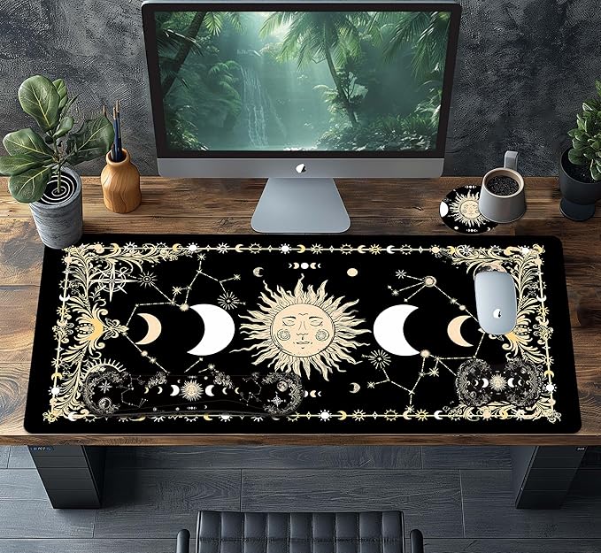 4-Piece Extended Large Mouse Pad Set for Women Men with Moon Face Design Includes 35.4 x 15.7 XXL Large Mouse Pad Keyboard Wrist Rest Mouse Wrist Support and Coaster for Office Home
