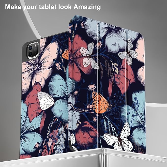 May Chen Case for iPad Pro 11 inch (4th, 3rd, 2nd & 1st Gen) 2022 2021 2020 2018, Trifold Stand + Pencil Holder + Auto Wake/Sleep + Soft TPU Protective Stand Back Cover, Flowers & Butterflies