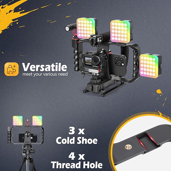 Zeadio Smartphone Camera Stabilizer, All-in-One Video Rig Kit with Phone Cage, RGB Video Light, Microphone, Action Camera Adapter, Compatible with Smartphones, Action Camera, DSLR, Cameras etc