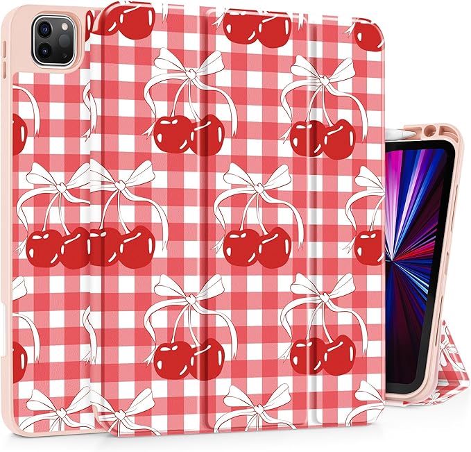 May Chen Case for iPad Pro 11 inch (4th, 3rd, 2nd & 1st Gen) 2022 2021 2020 2018, Trifold Stand + Pencil Holder + Auto Wake/Sleep + Soft TPU Protective Stand Back Cover, Cherry Bow