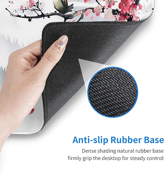 Japanese Pagoda Cherry Blossom Gaming Mouse Pad XL Birds Sakura Branch Mountain Extended Large Desk Cover Table Mat Non-Slip Rubber Base Stitched Edge Long Keyboard Playmat for Gamer,31.5×11.8 in