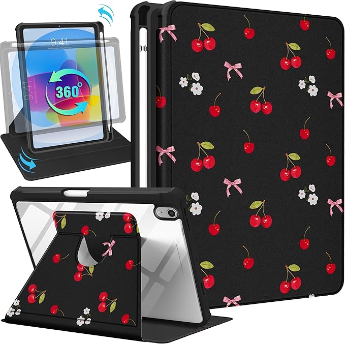 Uppuppy for iPad mini 7 Case (A17 Pro) for iPad mini 6th Generation Case - 360 Rotating Stand Folio Smart Cover with Pencil Holder for Women, Cherry Bow Flower for Apple Tablet Mini 8.3” 2024/2021