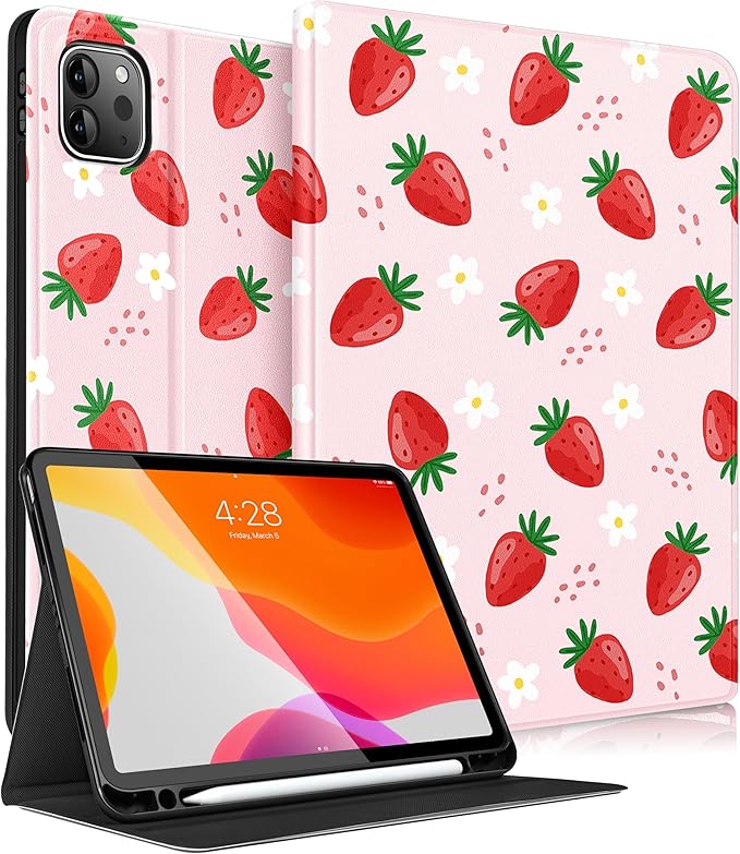 Uppuppy for iPad Air 13 Inch M2/M3, Pro 12.9 Case - Cute Women Girls Girly Kawaii Strawberry Pencil Holder Folio Cover for Apple Air 13" 2024/2025, Pro 6th/5th/4th/3rd Generation Case