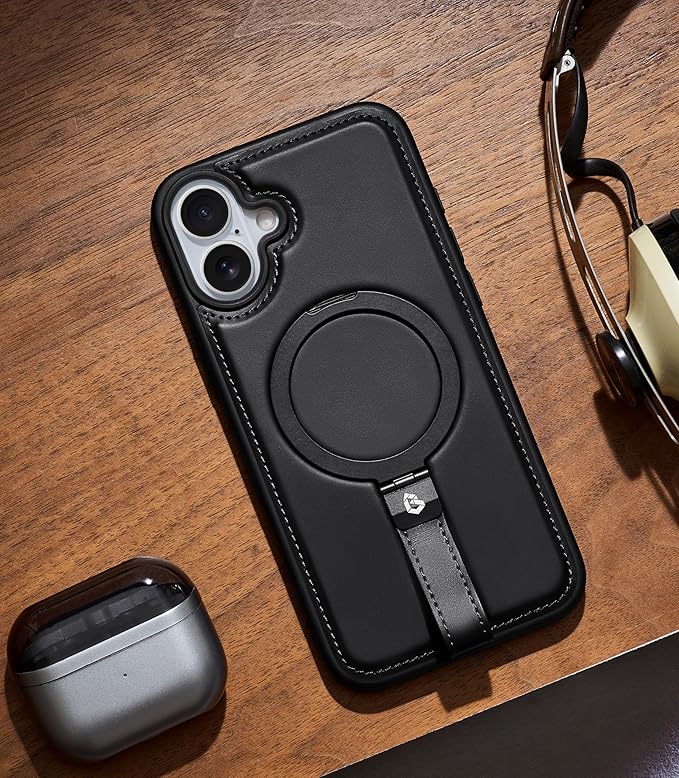 Butaiga for iPhone 17 Leather Case with Stand, Anti-Slip Grip Ring, Fits for MagSafe (Black, iPhone 17)