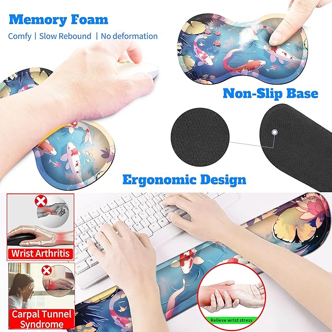 4-Piece Extended Large Mouse Pad Set for Women Men with Colorful Koi Design Includes 35.4 x 15.7 XXL Large Mouse Pad Keyboard Wrist Rest Mouse Wrist Support and Coaster for Office Home