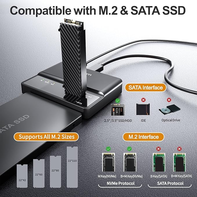 Alxum M.2 NVME SATA SSD Enclosure External-- 2 in 1 Tool-Free Portable 10Gbps USB 3.2 SSD Hard Drive Reader for 2230/2242/2260/2280 M/B+M Key PCIE NVME M.2 and 2.5" /3.5" SATA SSD